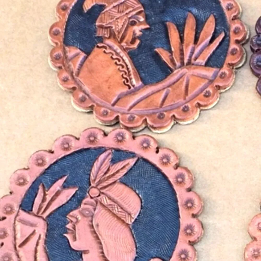 Hand‑Tooled Leather Coaster Set of 4 – Peruvian Character Designs
